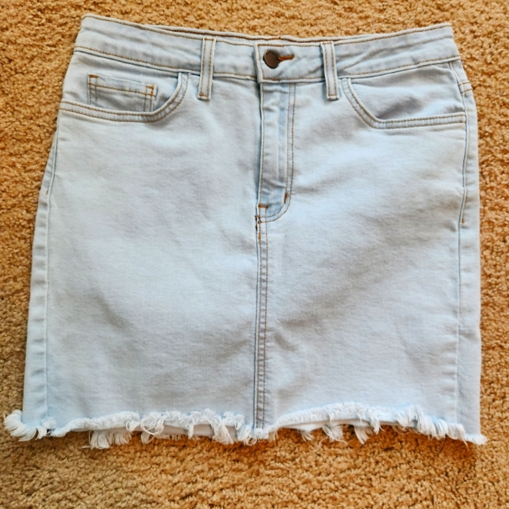 Denim mini skirt.